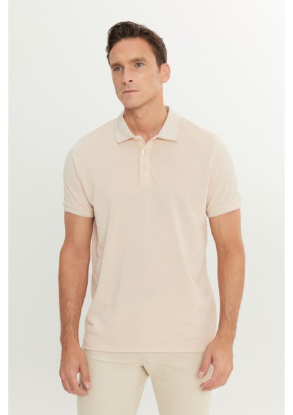 AC&Co / Altınyıldız Classics Erkek Çekmeyen Pamuklu Kumaş Slim Fit Dar Kesim Açık Bej-Beyaz Kıvrılmaz Polo Yaka Tişört modelleri