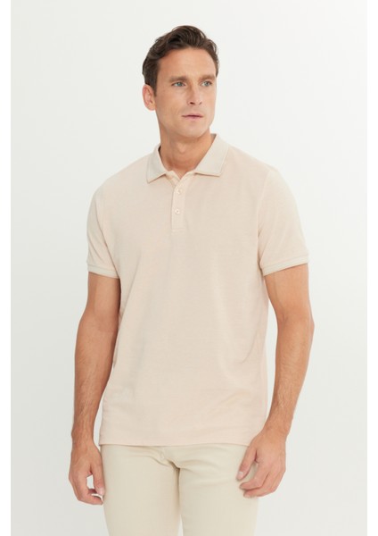AC&Co / Altınyıldız Classics Erkek Çekmeyen Pamuklu Kumaş Slim Fit Dar Kesim Açık Bej-Beyaz Kıvrılmaz Polo Yaka Tişört