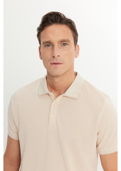 AC&Co / Altınyıldız Classics Erkek Çekmeyen Pamuklu Kumaş Slim Fit Dar Kesim Açık Bej-Beyaz Kıvrılmaz Polo Yaka Tişört fırsatları