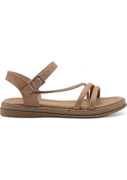 Yan Atkılı Taşlı Kadın Sandalet Vizon