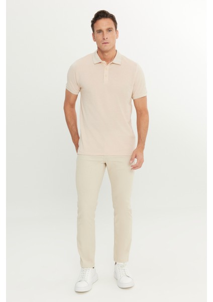 AC&Co / Altınyıldız Classics Erkek Çekmeyen Pamuklu Kumaş Slim Fit Dar Kesim Açık Bej-Beyaz Kıvrılmaz Polo Yaka Tişört