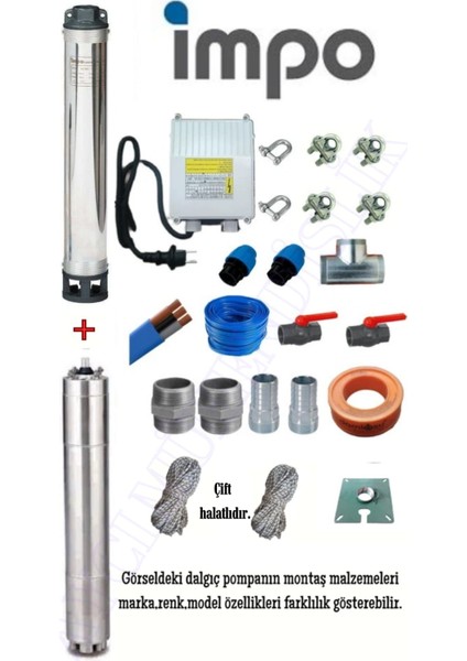 Impo Sk 404/14 1,5hp Technoplast Başlıklı 40 mt Yassı Kablolu ve Panolu 80 mt Halatlı Çift Vanalı Akıtma Başlıklı Monofaze Takım Dalgıç Pompa