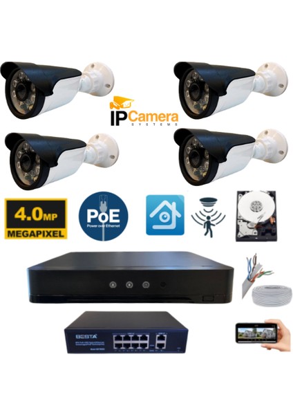 4 Kameralı 4mp 6 Atom LED H.265 320 GB HDD Dahil Ip Güvenlik Seti - ST321042