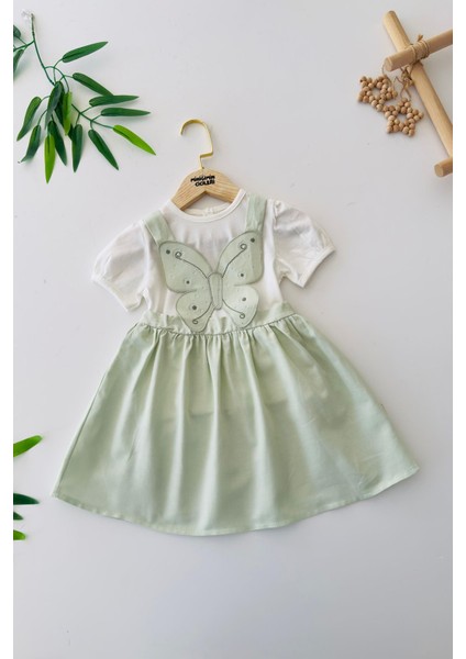 Kelebek Aplike Işlemeli Kız Bebe 2 li elbise - Yeşil