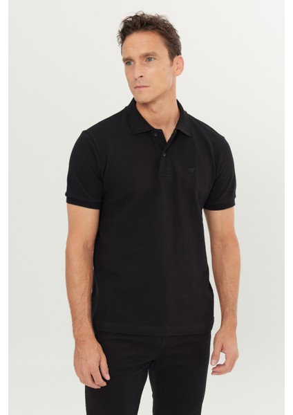 %100 Pamuk Regular Fit Normal Kesim Siyah Polo Yaka Tişört