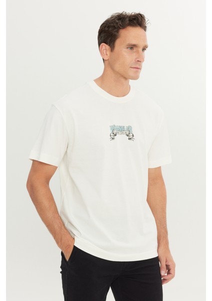 %100 Pamuk Relaxed Fit Geniş Kesim Bisiklet Yaka Kırık Beyaz Big Logo Tişört