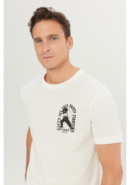 %100 Pamuk Regular Fit Normal Kesim Bisiklet Yaka Baskılı Ekru Tişört