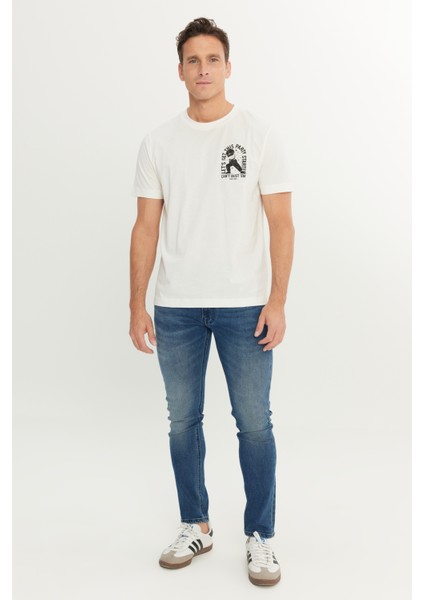 %100 Pamuk Regular Fit Normal Kesim Bisiklet Yaka Baskılı Ekru Tişört modelleri