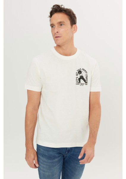 %100 Pamuk Regular Fit Normal Kesim Bisiklet Yaka Baskılı Ekru Tişört fırsatları