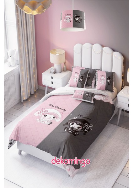 Pembe Gri Şeritli Kuromi ve Melody Bebek ve Çoduk Odası Nevresim Takım ( Çarşafsız )