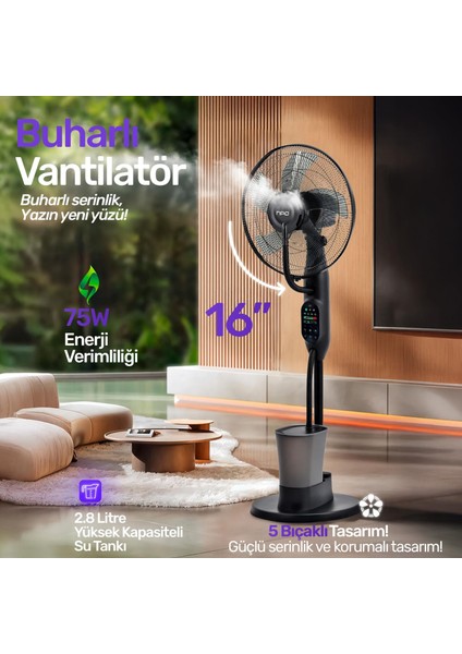 N01 Buz Eklenebilir Ultrasonik Buharlı Zaman Ayarlı 3 Kademli Sessiz 75W Akıllı Vantilatör