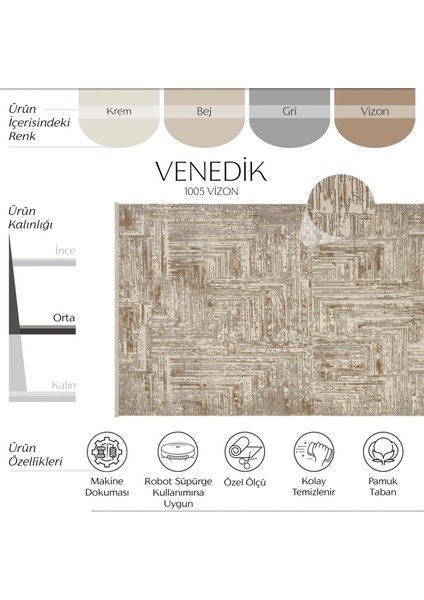 Venedik Krem Vizon Halı Soyut Geometrik Desenli Makine Dokuması Modern Oturma Odası Salon Halısı