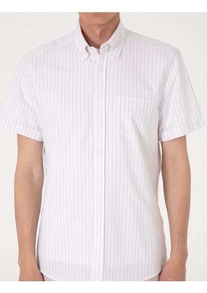 Erkek Bej Regular Fit Çizgili Kısa Kollu Gömlek 50307082-VR011