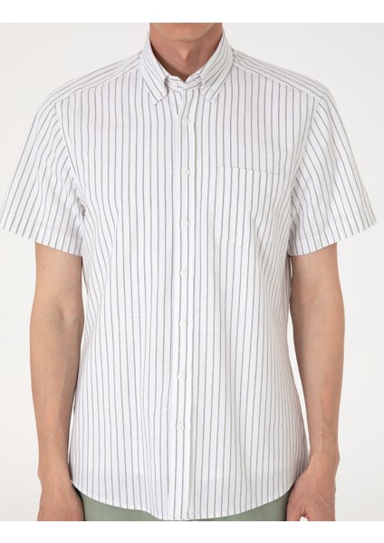 Erkek Haki Regular Fit Çizgili Kısa Kollu Gömlek 50307082-VR027