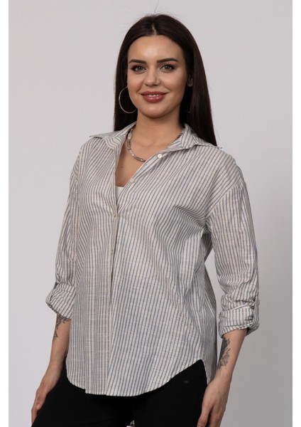 Çizgili ve Simli Uzun Pamuk Viskon Gömlek 2730