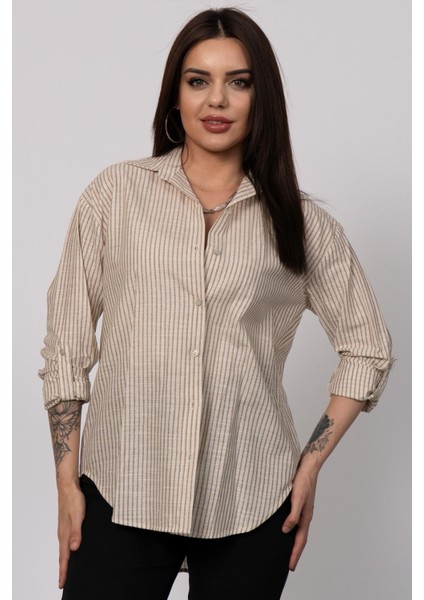 Çizgili ve Simli Uzun Pamuk Viskon Gömlek 2730