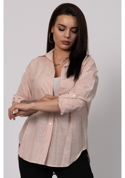 Çizgili ve Simli Uzun Pamuk Viskon Gömlek 2730