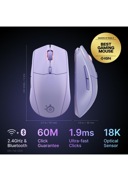 Rival 3 Wireless Gen 2 Gaming Mouse - 2.4ghz ve Bluetooth Bağlantı - Lila