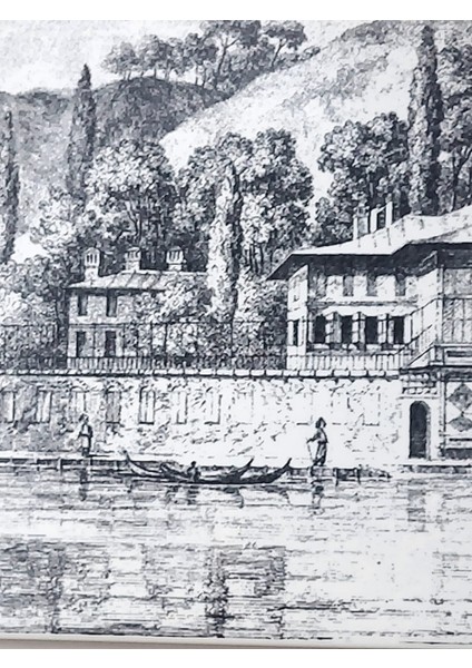 Seramik Tablo Dikdörtgen 40X25CM Siyah Beyaz Vintage Köşk Dağ Kayık Kürek Insanlar 1 Adet