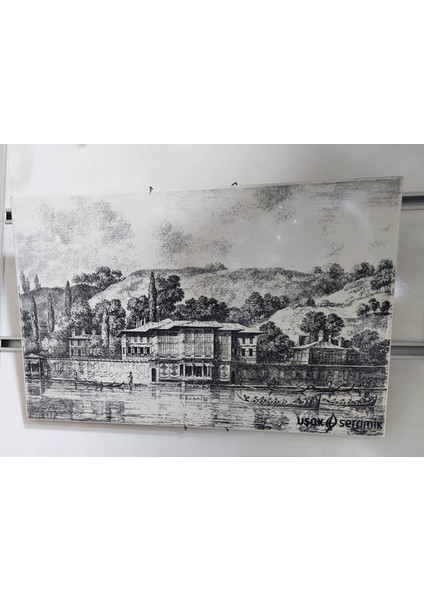 Seramik Tablo Dikdörtgen 40X25CM Siyah Beyaz Vintage Köşk Dağ Kayık Kürek Insanlar 1 Adet