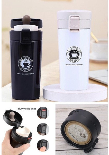 2 Adet Siyah Beyaz Inox Mug Termos 12 Saate Kadar Sıcak Soğuk Tutma Filtreli Çift Katmanlı 380ML