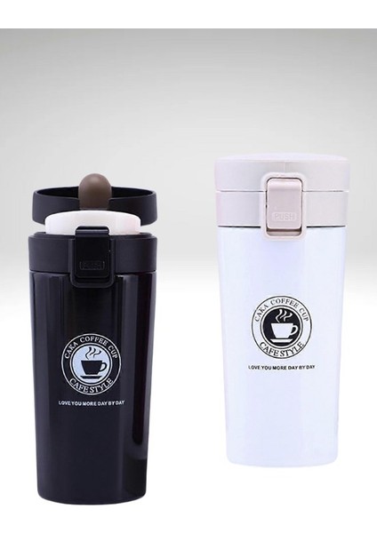 2 Adet Siyah Beyaz Inox Mug Termos 12 Saate Kadar Sıcak Soğuk Tutma Filtreli Çift Katmanlı 380ML