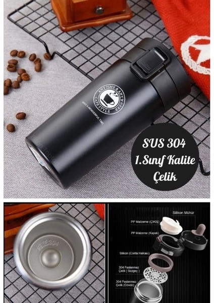 2 Adet Siyah Beyaz Inox Mug Termos 12 Saate Kadar Sıcak Soğuk Tutma Filtreli Çift Katmanlı 380ML
