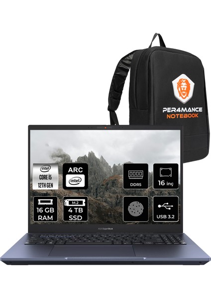 Expertbook B5 Intel Core I5 1250P 16GB 4tb SSD A350M/4GB 16" 4K OLED Fdos Taşınabilir Bilgisayar & Per4 Çanta B5602CBNL20164P310