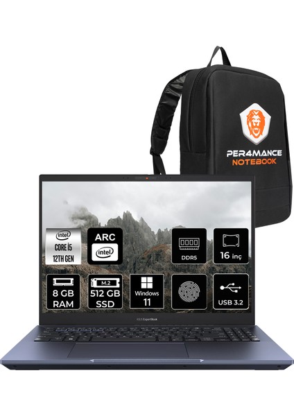 Expertbook B5 Intel Core I5 1250P 8gb 512GB SSD A350M/4GB 16" 4K OLED W11P Taşınabilir Bilgisayar & Per4 Çanta B5602CBNL20164P342