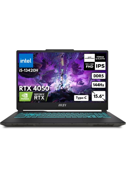 Msı Cyborg 15 I5-13420H 16-Gbddr5 2 Tb SSD RTX4050 (6GB-45W) 15.6" Fhd 144Hz Freedos Taşınabilir Bilgisayar A13VE-1478XTRHMF8