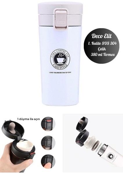 Beyaz Mug Termos 12 Saate Kadar Sıcak Soğuk Tutma Filtreli Çift Katmanlı Sus 304 380ML