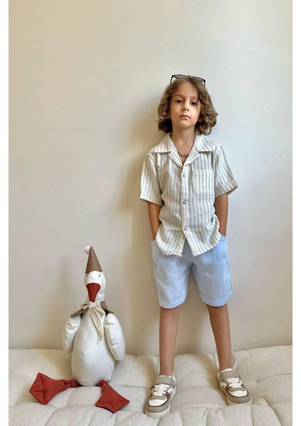 Müslin Pamuklu Çizgili Gömlekli Şortlu Erkek çocuk takım - Mavi