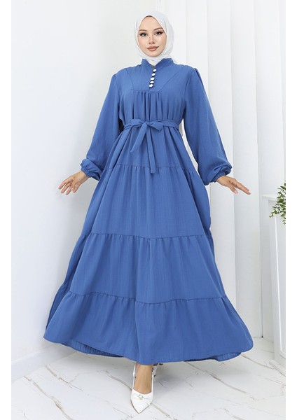 Düğme Detaylı Büzgülü Elbise 2065-02 Indigo