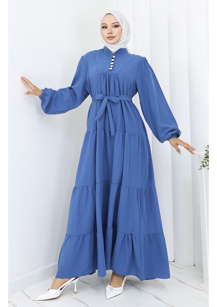 Düğme Detaylı Büzgülü Elbise 2065-02 Indigo fiyatları