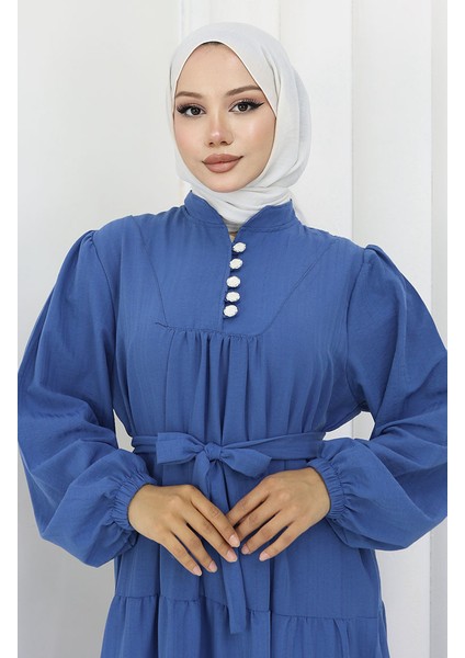 Düğme Detaylı Büzgülü Elbise 2065-02 Indigo modelleri