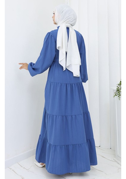 Düğme Detaylı Büzgülü Elbise 2065-02 Indigo indirimleri