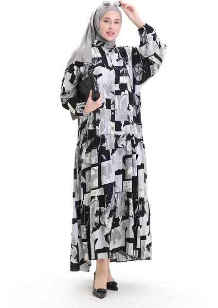 Yarım Düğmeli Desenli Elbise 2067-02 Siyah Gri