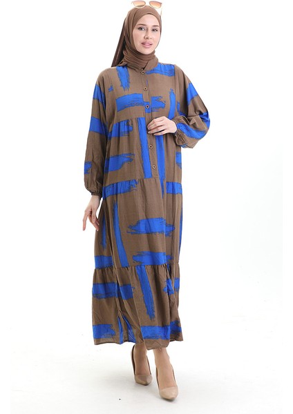 Yarım Düğmeli Desenli Elbise 2069-04 Kahverengi Saks