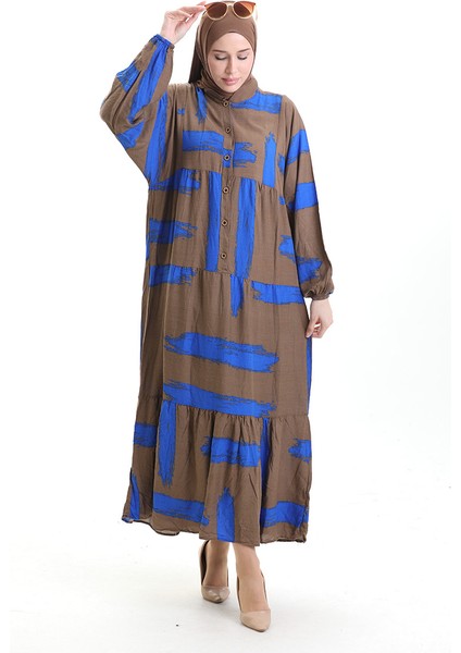 Yarım Düğmeli Desenli Elbise 2069-04 Kahverengi Saks fiyatları