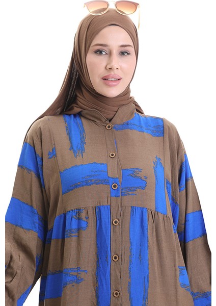 Yarım Düğmeli Desenli Elbise 2069-04 Kahverengi Saks modelleri