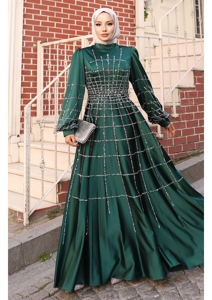 Büyük Beden Saten Abiye Elbise 6249-07 Zümrüt Yeşili