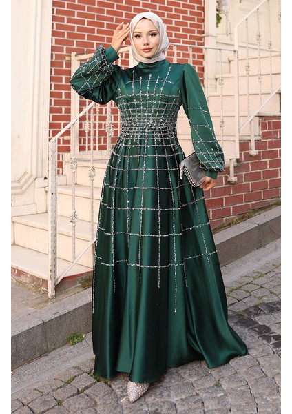 Büyük Beden Saten Abiye Elbise 6249-07 Zümrüt Yeşili fiyatları