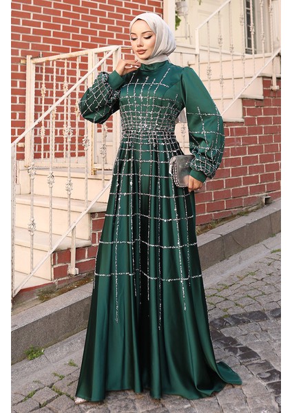Büyük Beden Saten Abiye Elbise 6249-07 Zümrüt Yeşili modelleri