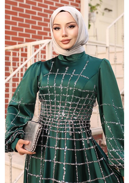 Büyük Beden Saten Abiye Elbise 6249-07 Zümrüt Yeşili fırsatları