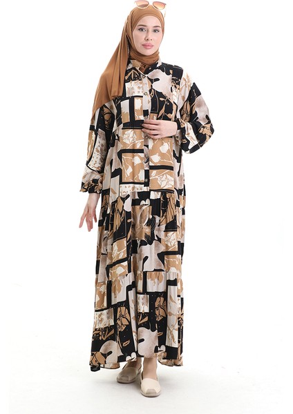 Yarım Düğmeli Desenli Elbise 2067-01 Sütlü Kahve Siyah