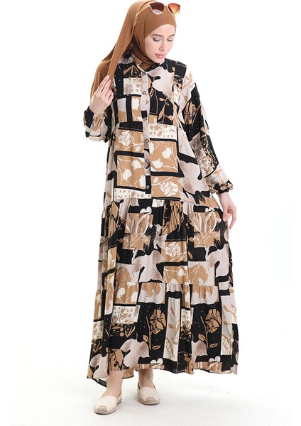 Yarım Düğmeli Desenli Elbise 2067-01 Sütlü Kahve Siyah fiyatları
