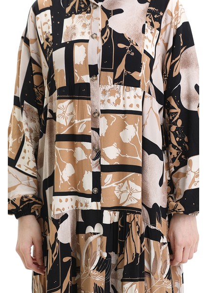 Yarım Düğmeli Desenli Elbise 2067-01 Sütlü Kahve Siyah indirimleri