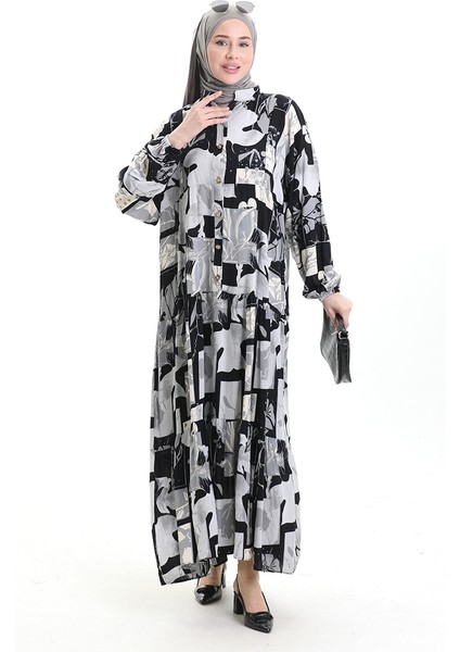 Yarım Düğmeli Desenli Elbise 2067-02 Siyah Gri fiyatları