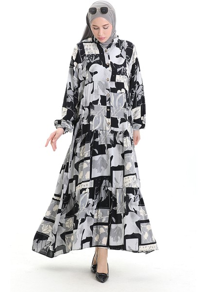 Yarım Düğmeli Desenli Elbise 2067-02 Siyah Gri modelleri