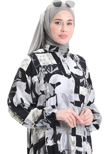 Yarım Düğmeli Desenli Elbise 2067-02 Siyah Gri fırsatları